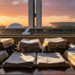Pilhas de documentos e pastas em mesa de escritório em Brasília com vista para o Congresso Nacional