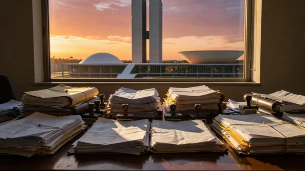 Pilhas de documentos e pastas em mesa de escritório em Brasília com vista para o Congresso Nacional