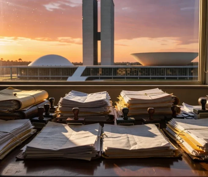 Pilhas de documentos e pastas em mesa de escritório em Brasília com vista para o Congresso Nacional