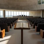 Plenário vazio da Câmara do DF com partituras de música sacra