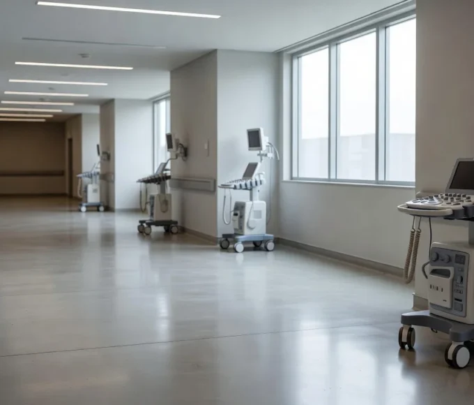 Hospital brasileiro com equipamentos médicos representando diagnósticos de câncer de colo de útero