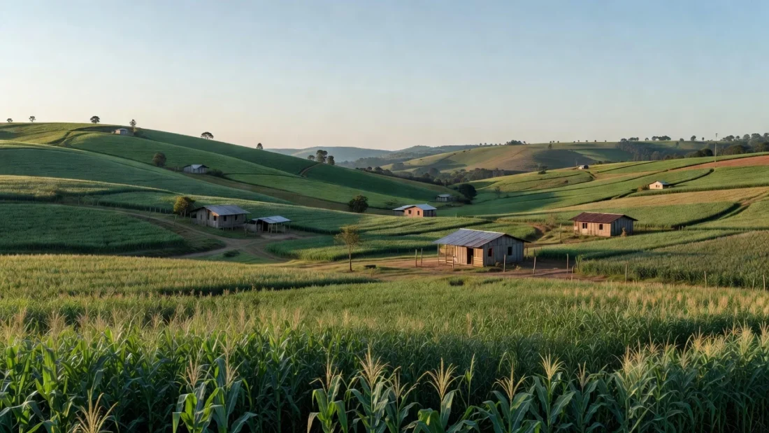 Paisagem rural brasileira com lavouras de agricultores familiares no campo