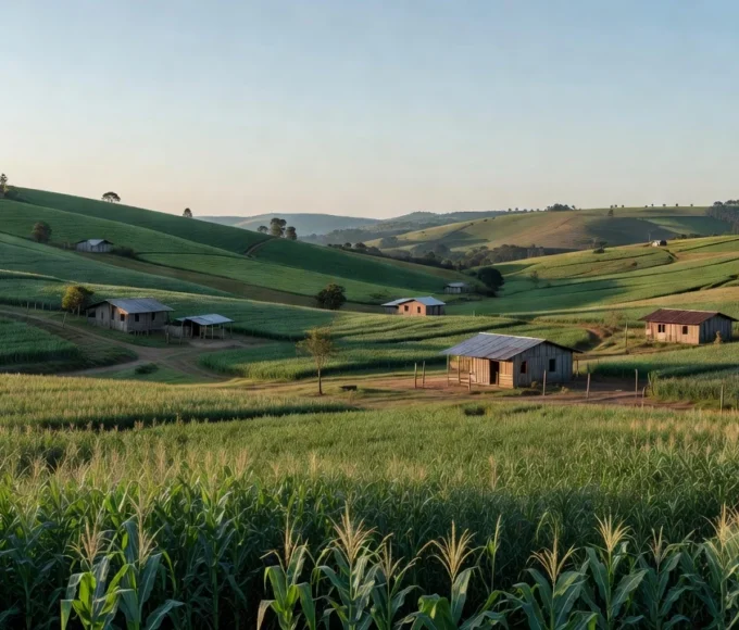Paisagem rural brasileira com lavouras de agricultores familiares no campo