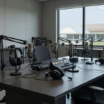Estúdio de podcast com microfones para sabatinas de candidatos ao GDF em Brasília