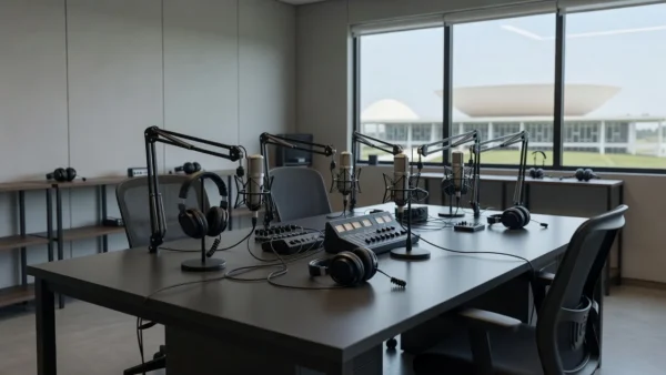 Estúdio de podcast com microfones para sabatinas de candidatos ao GDF em Brasília