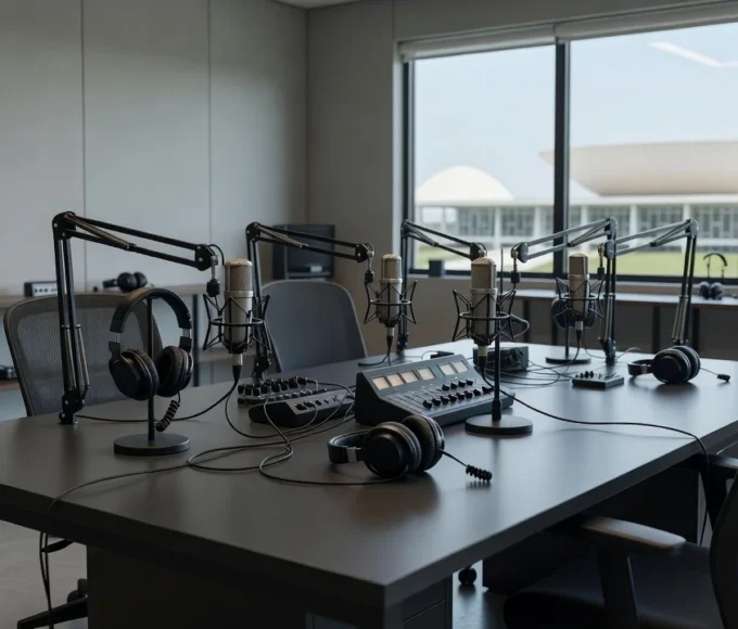Estúdio de podcast com microfones para sabatinas de candidatos ao GDF em Brasília